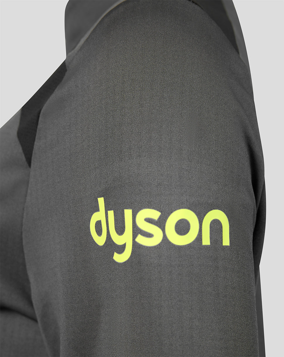 Close-up of a dark gray sweatshirt sleeve featuring a bright neon yellow-green 'dyson' logo printed on the upper arm.