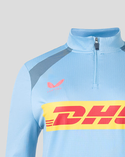 Light blue sports jacket with DHL logo on a gray background