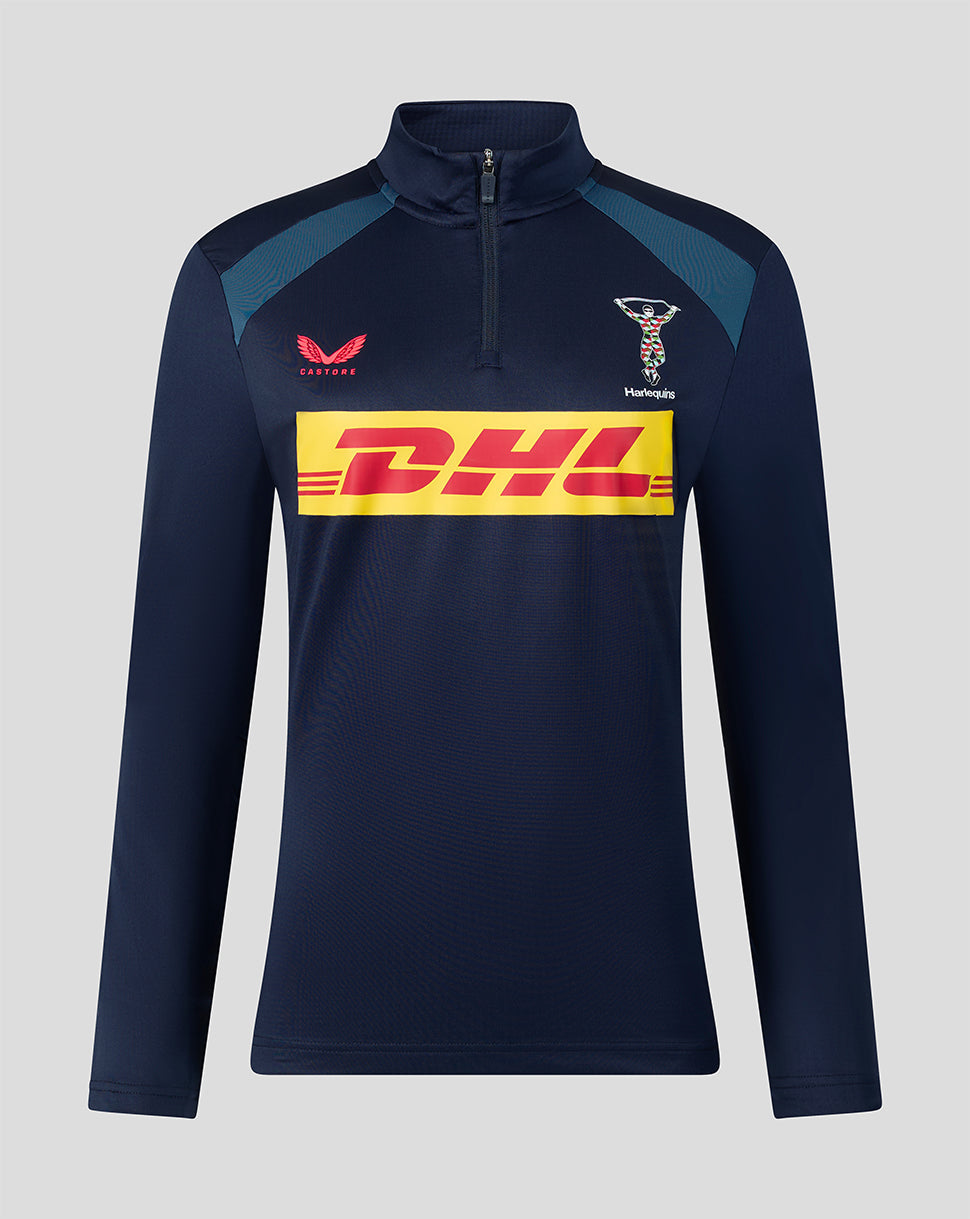 Navy long-sleeve athletic top with DHL logo on a light gray background