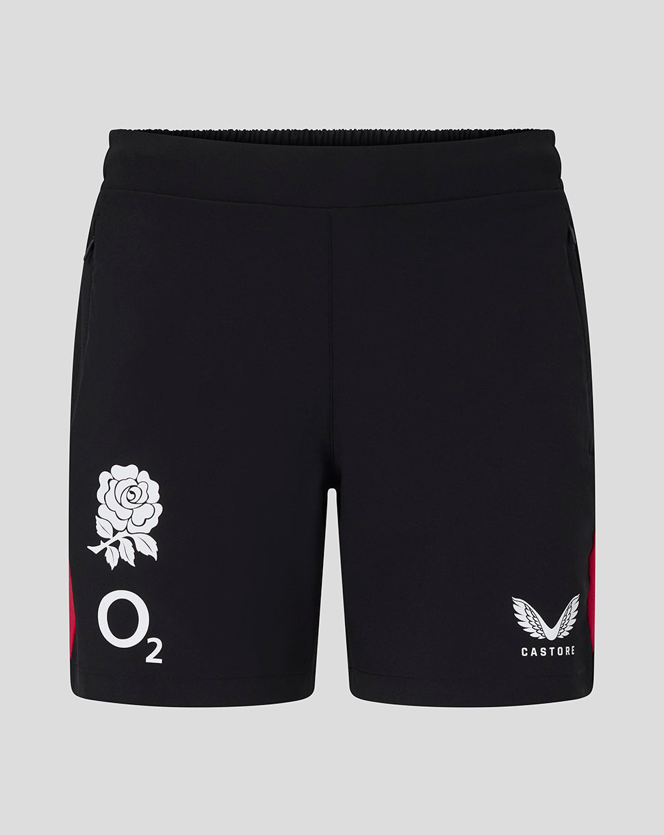 Black shorts with logos on a gray background