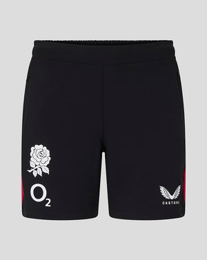 Black shorts with logos on a gray background