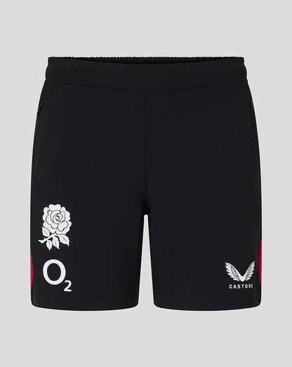 Black shorts with logos on a gray background