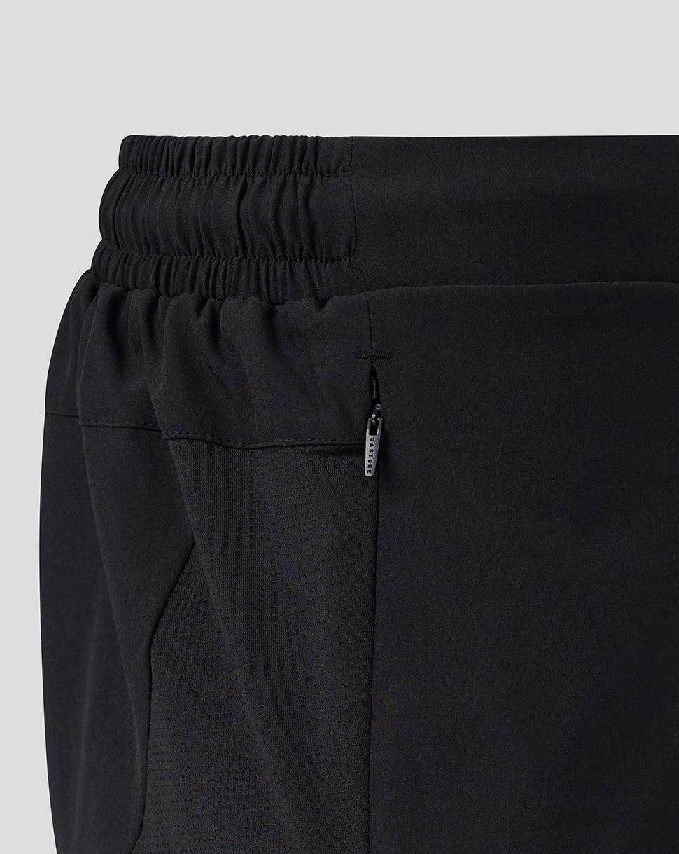 Close-up of black pants with a zipper pocket on a light gray background