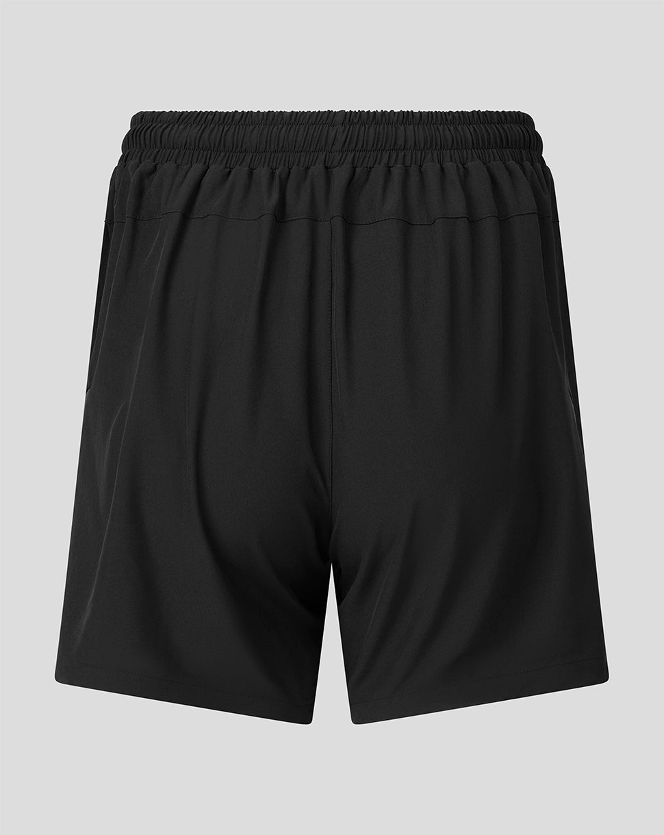 Black athletic shorts with an elastic waistband, shown from the back on a light gray background.