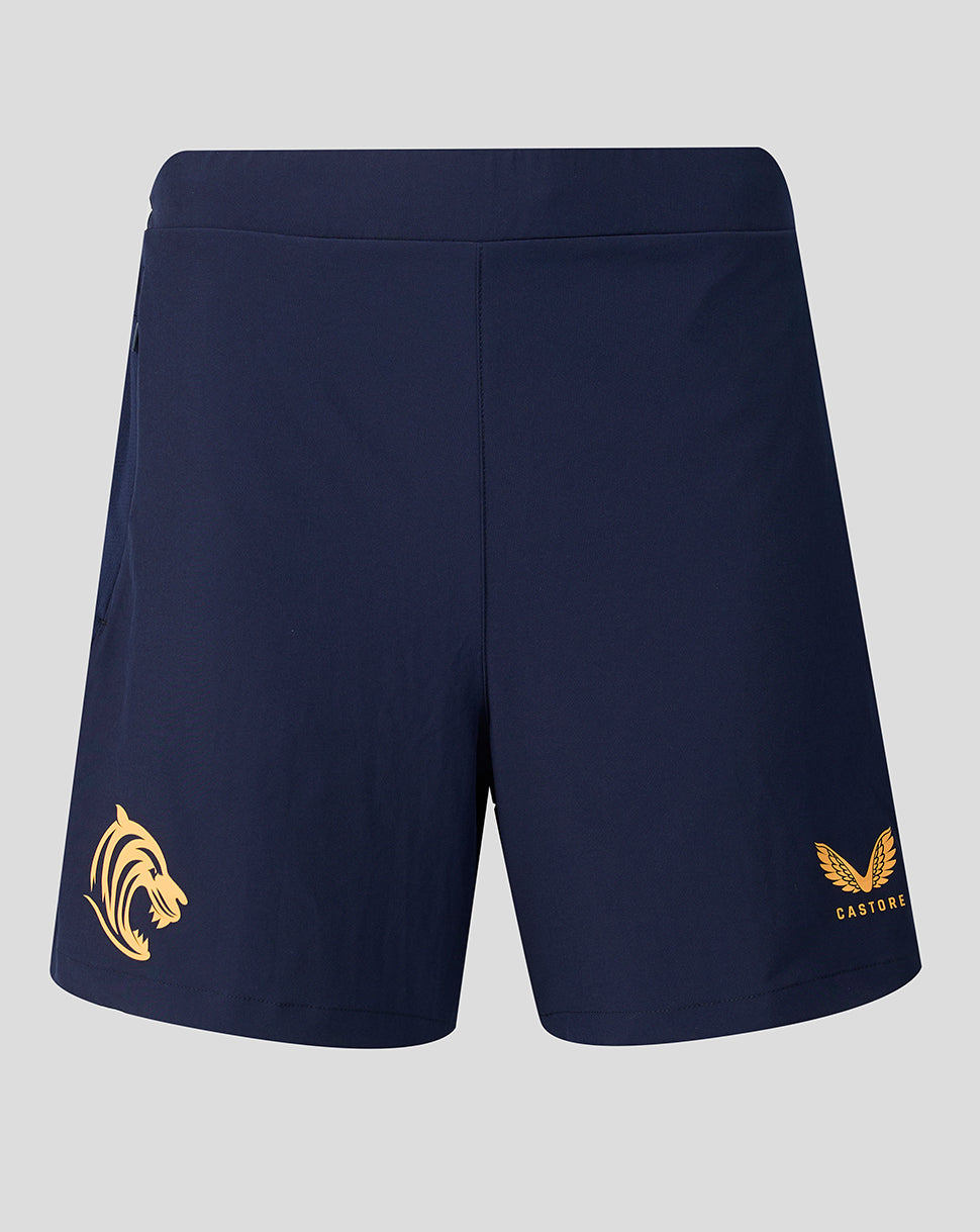 Navy training shorts with gold tiger head logo on left leg and Castore branding on right leg