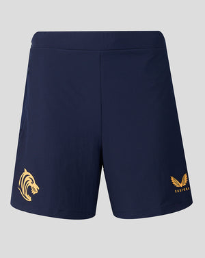 Navy training shorts with gold tiger head logo on left leg and Castore branding on right leg