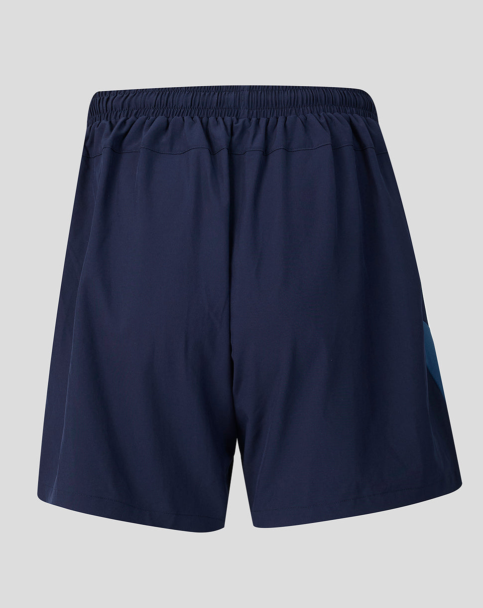 Back view of navy Leicester Tigers training shorts with elastic waistband