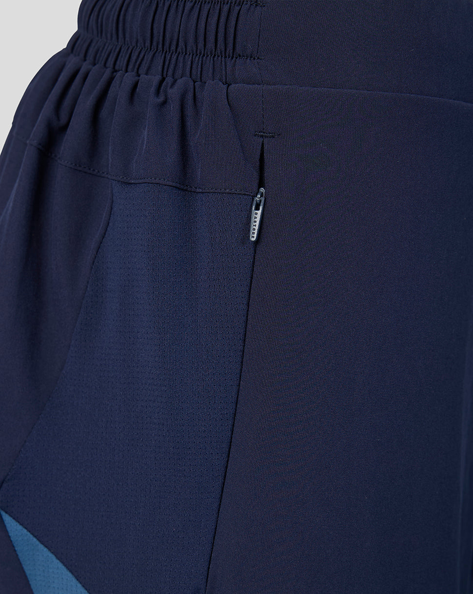 Navy Leicester Tigers training shorts showing a zipped pocket.