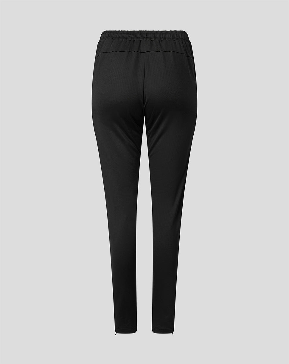 Black slim-fit pants with an elastic waistband, shown from the back on a light gray background.