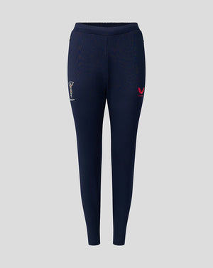 Front view of navy Harlequins training pants with zipped side pockets crest on left thigh
