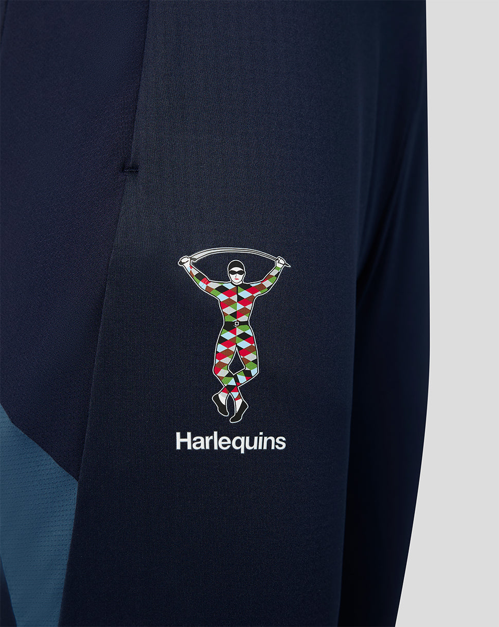 Harlequins navy training pants close up with colorful Harlequins logo on the leg