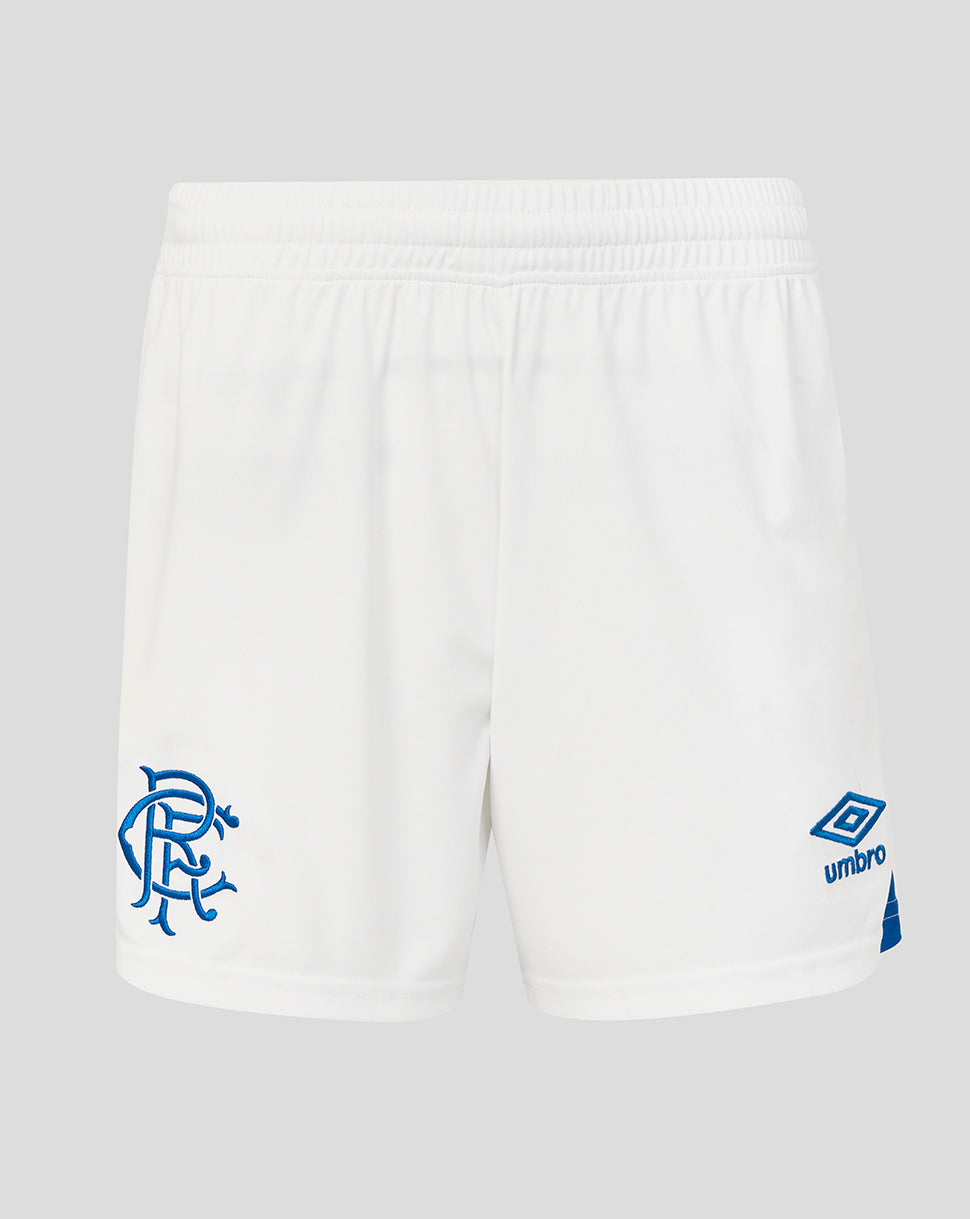 White shorts with blue logos on a light gray background