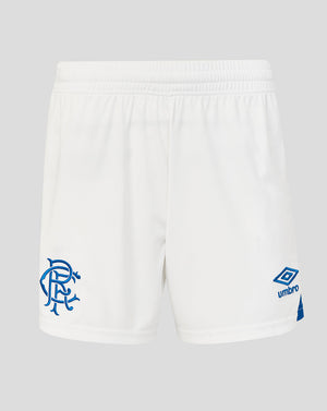 White shorts with blue logos on a light gray background