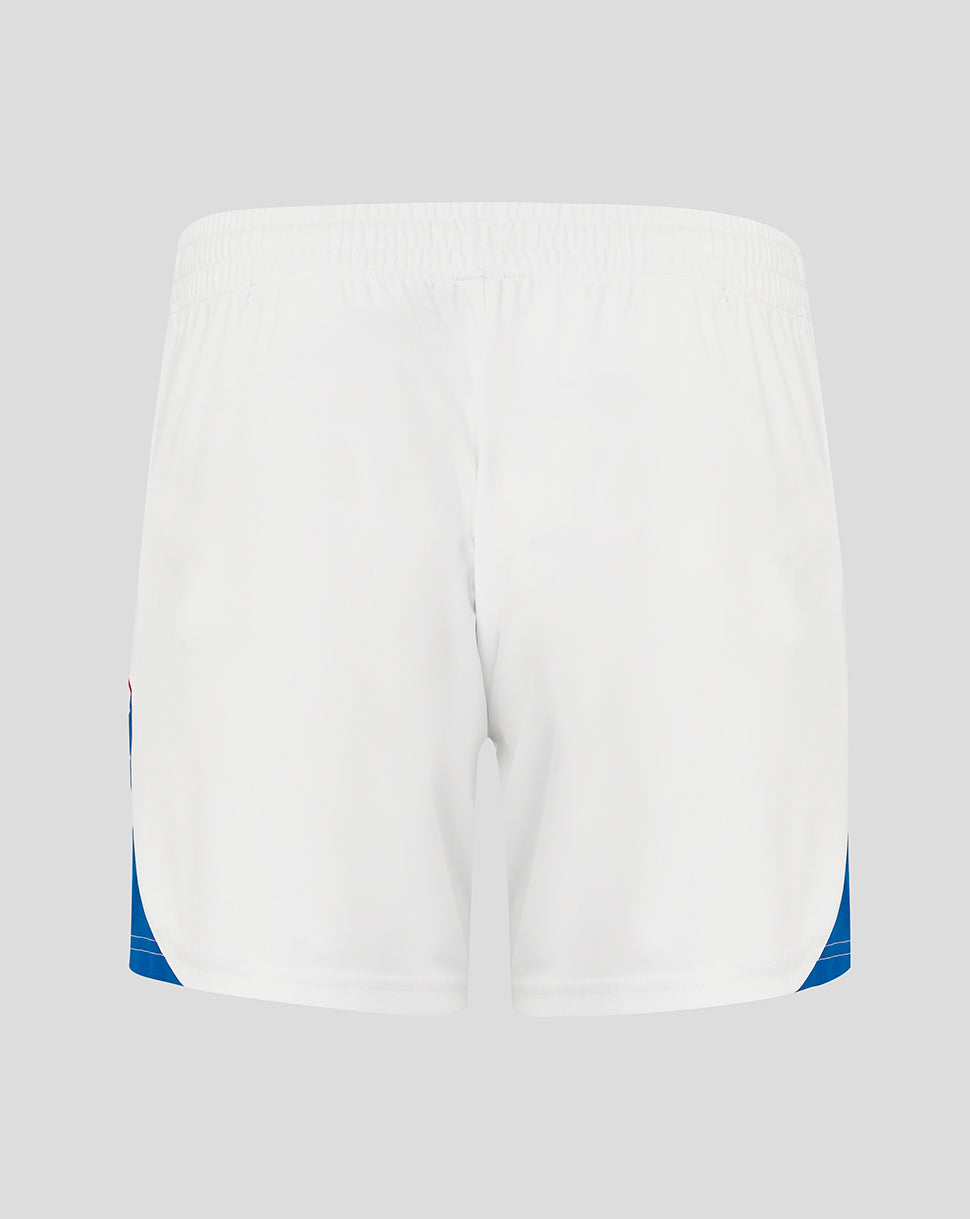 White shorts with blue accents on a light gray background