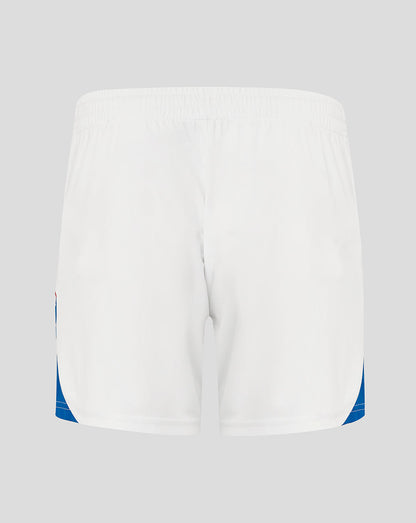 White shorts with blue accents on a light gray background