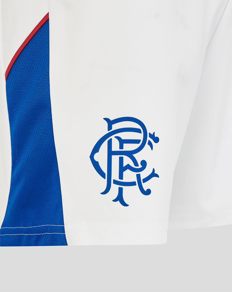 Close-up of a pair of sports shorts with a blue and red logo on a white background
