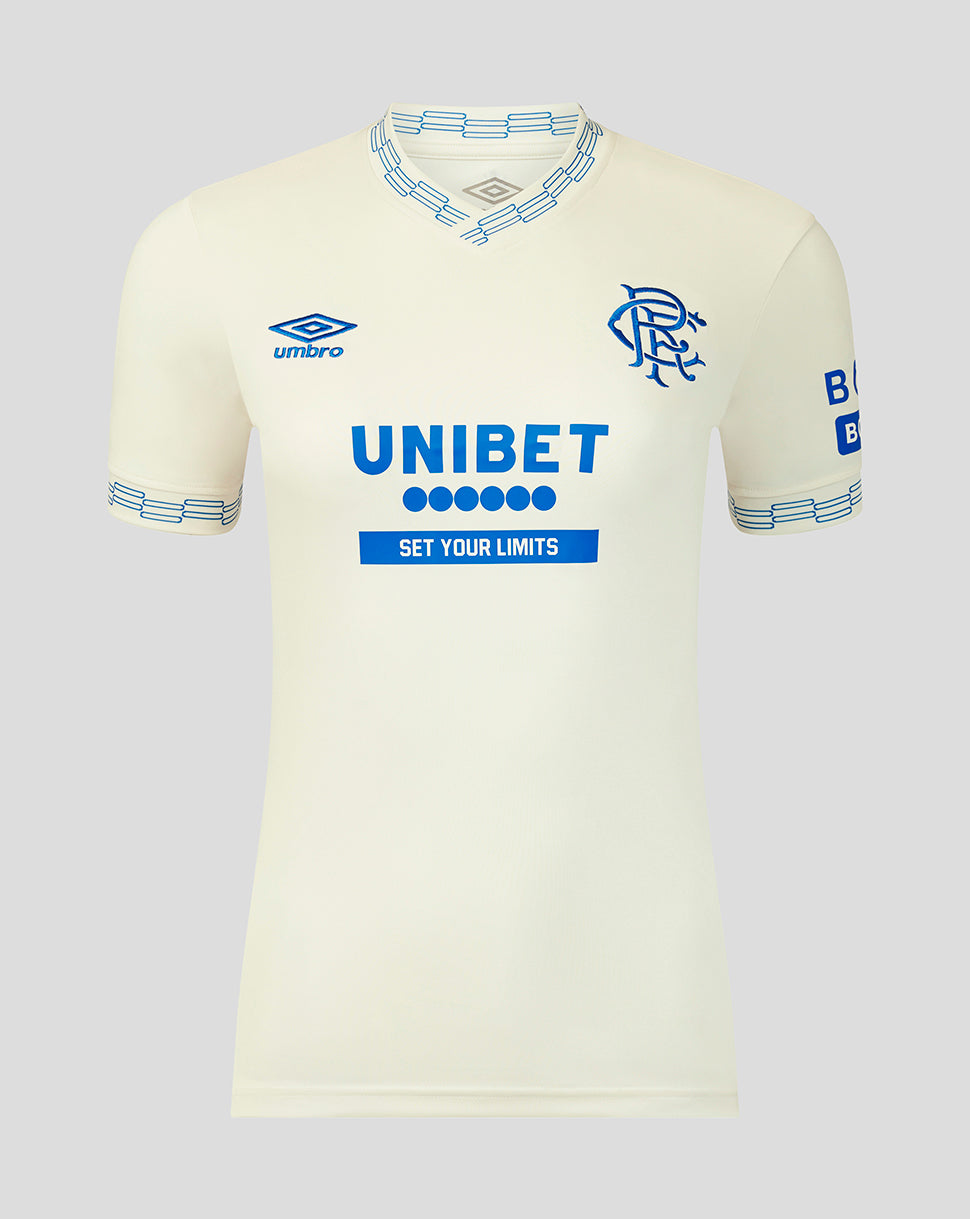 White sports jersey with branding on a light gray background