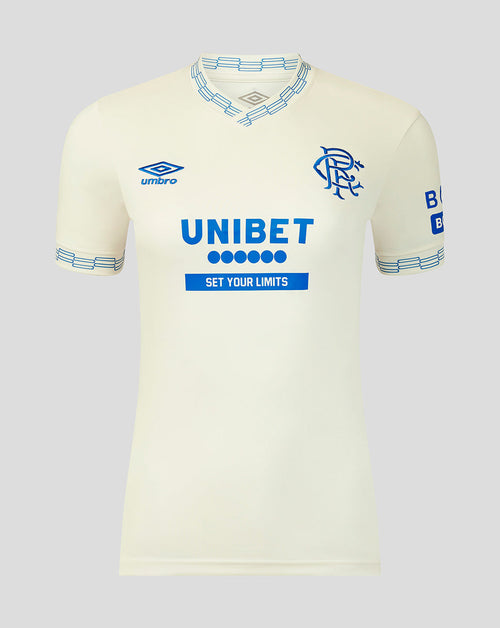White sports jersey with branding on a light gray background