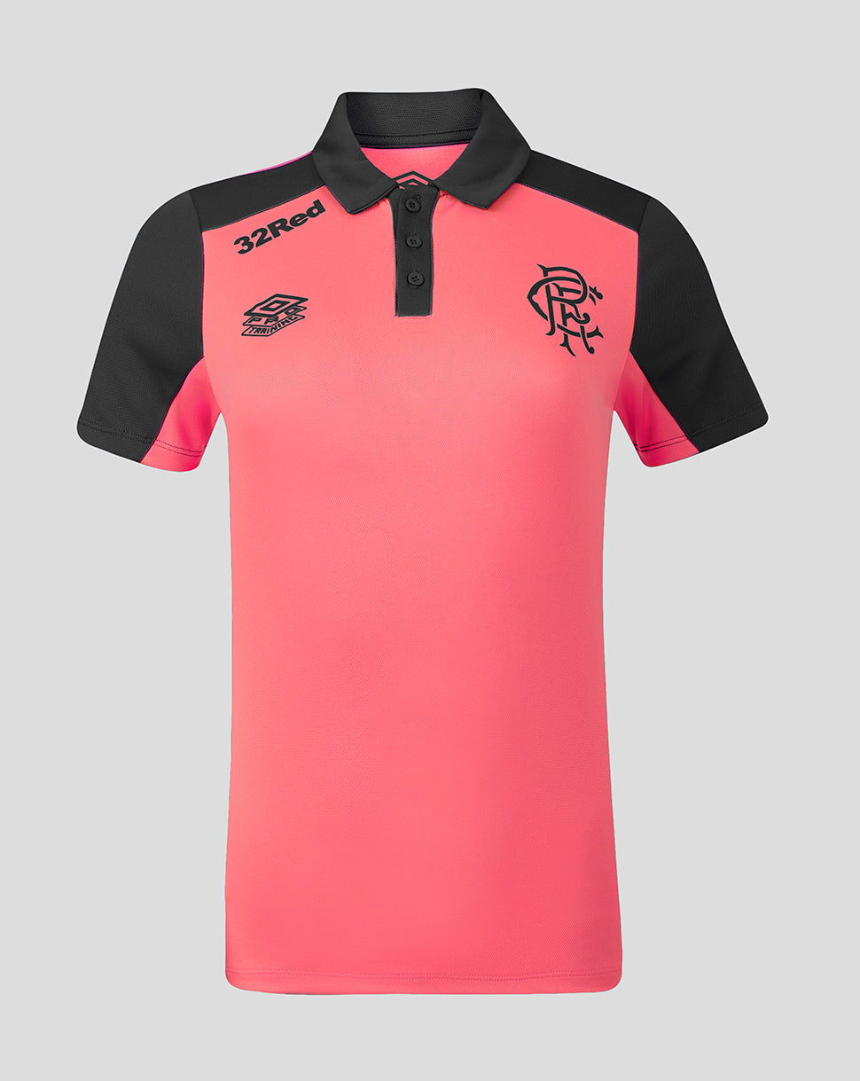 Pink and black polo shirt with visible branding on a gray background