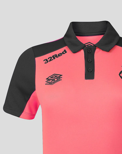 Pink and black polo shirt with '32Red' branding on a light gray background
