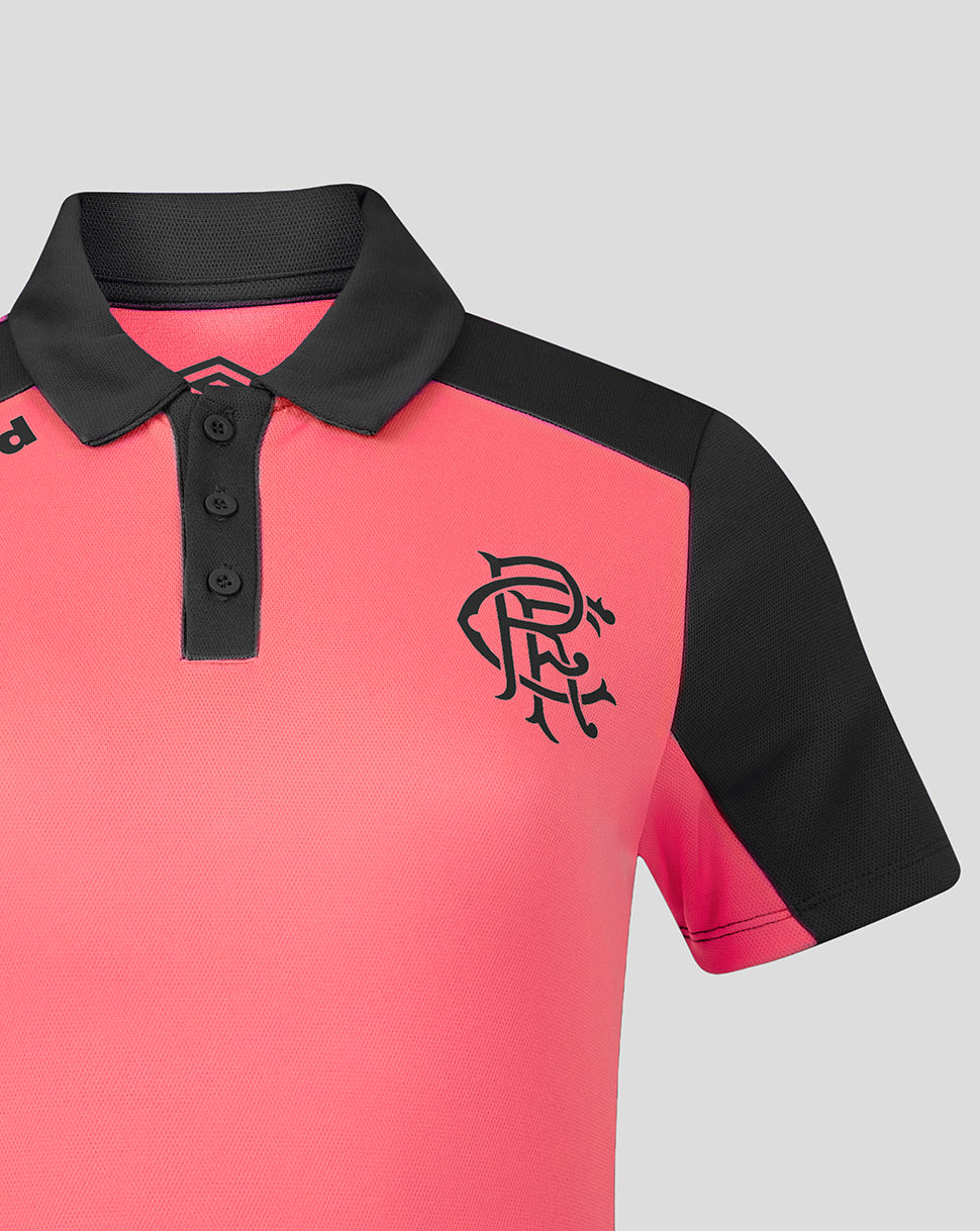 Pink and black polo shirt with a logo on a light gray background