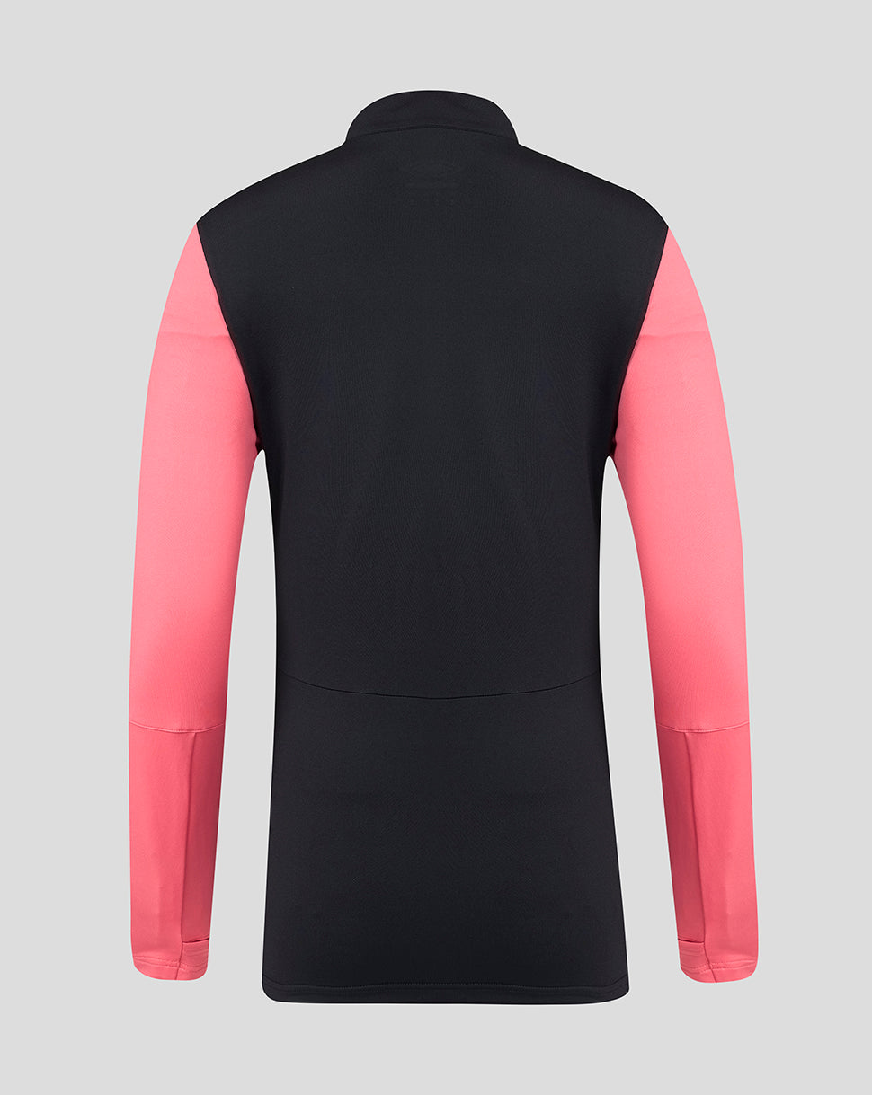 Back view of Rangers Women's Pro Training Quarter Zip in navy with coral sleeves.