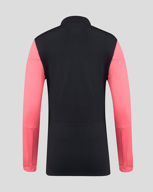 Back view of Rangers Women's Pro Training Quarter Zip in navy with coral sleeves.