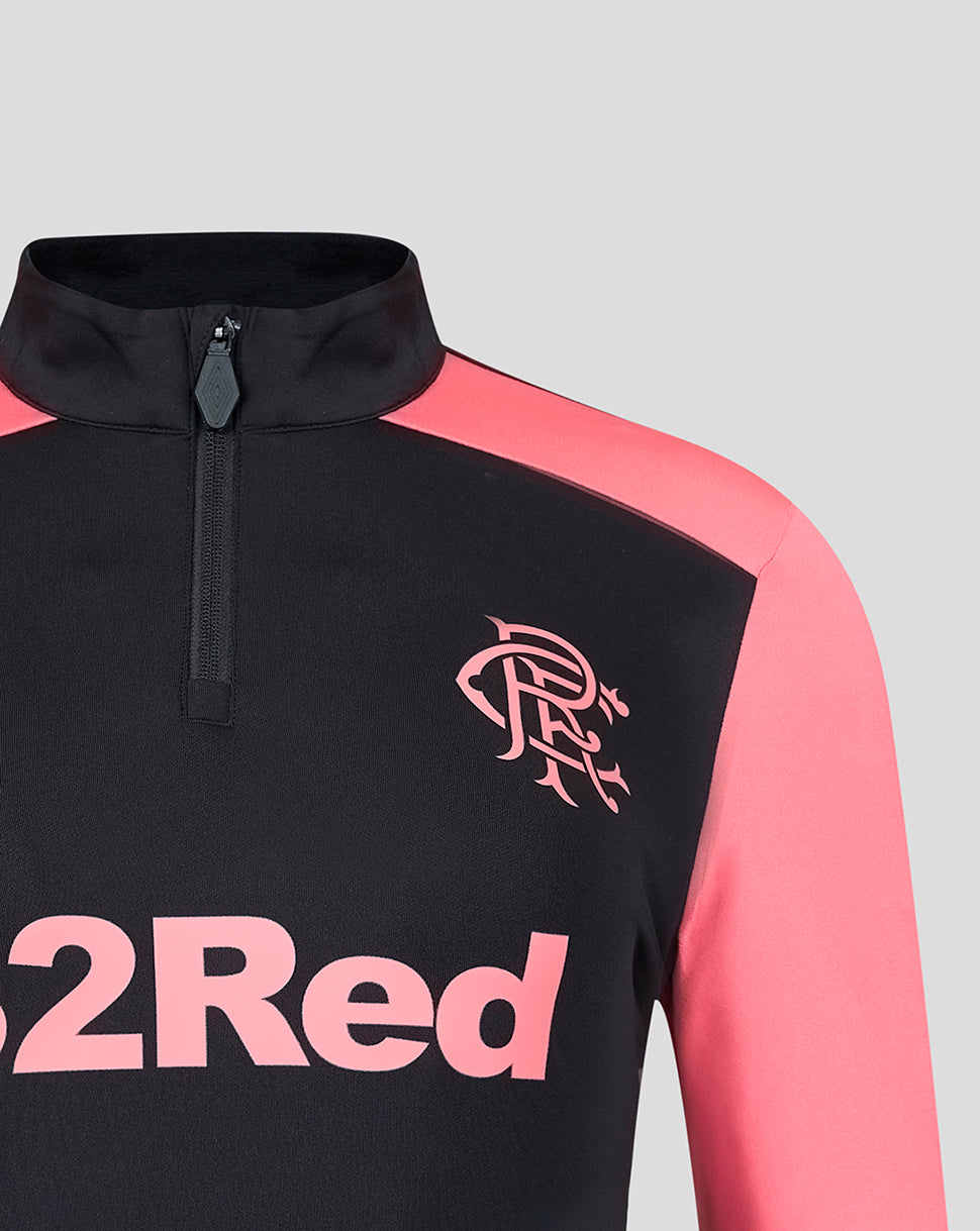 Close-up of collar and chest on Rangers training top with pink sleeves and 32Red branding.