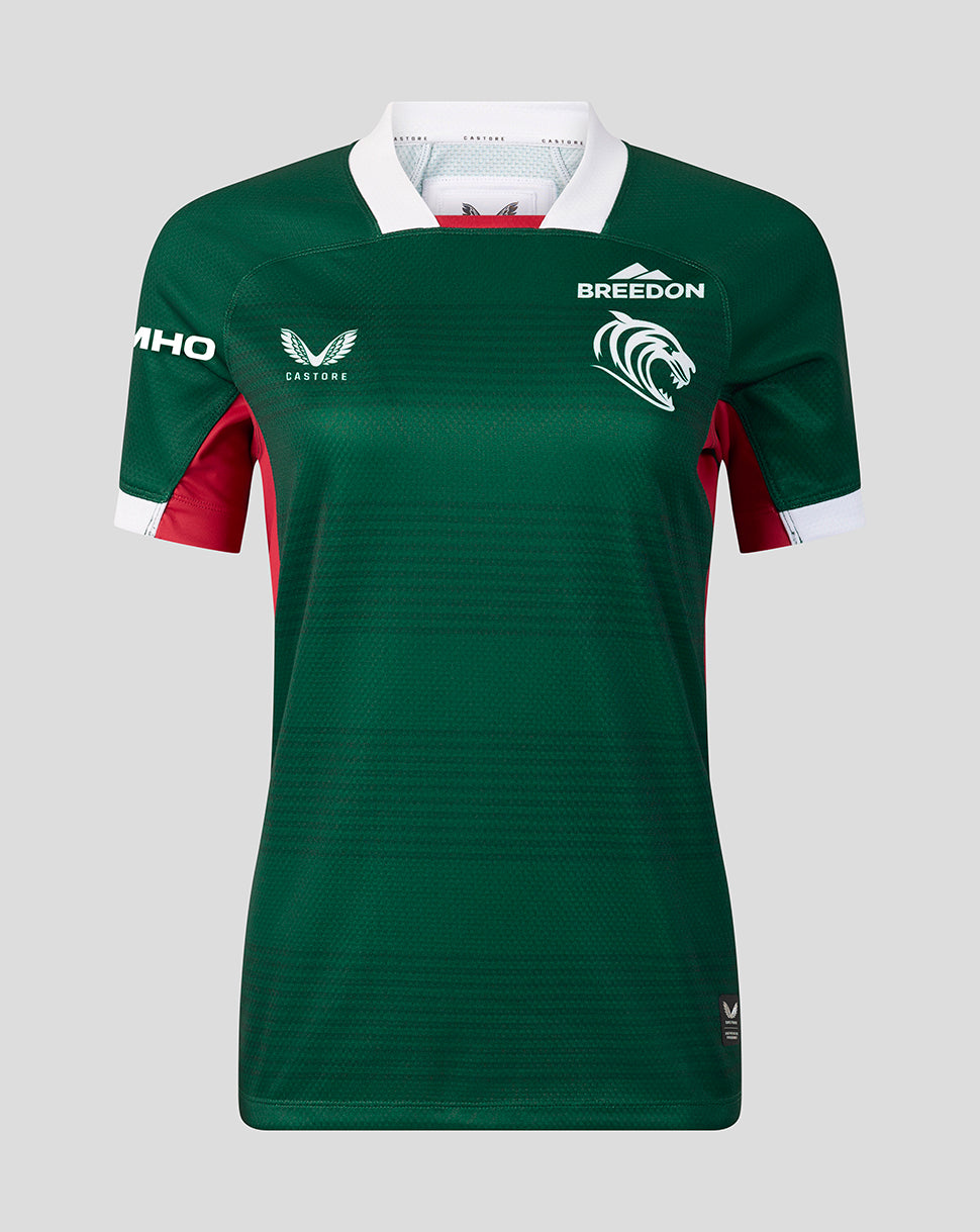 A dark green short-sleeve rugby jersey with a white collar, red and white sleeve accents, and white logos including 'BREEDON' and CASTORE' on a light gray background.