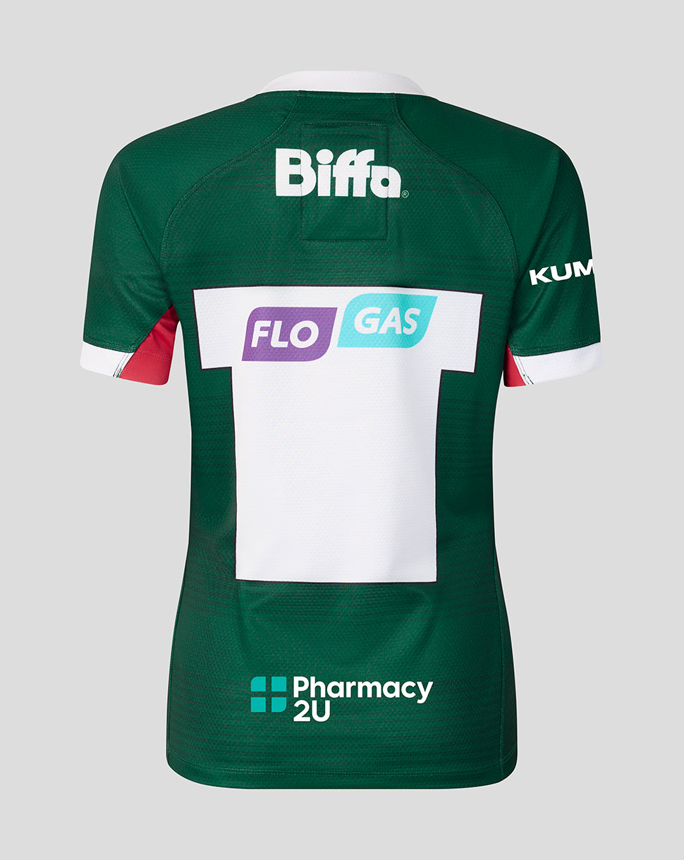 Back view of a dark green cycling jersey with a large white back panel, featuring sponsor logos including Biffa, FLO, GAS, KUM, and Pharmacy 2U.