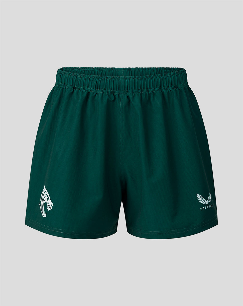 Dark green athletic shorts with an elastic waistband, featuring a white wolf head logo on the left leg and a white winged logo with the word 'CASTORE' on the right leg, shown against a light gray background.