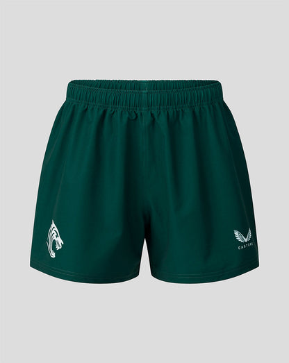 Dark green athletic shorts with an elastic waistband, featuring a white wolf head logo on the left leg and a white winged logo with the word 'CASTORE' on the right leg, shown against a light gray background.
