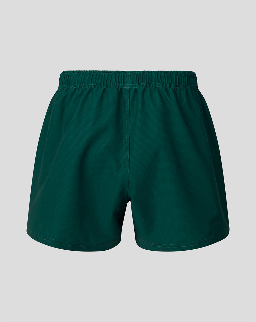 Dark green athletic shorts with an elastic waistband, shown flat against a light gray background.