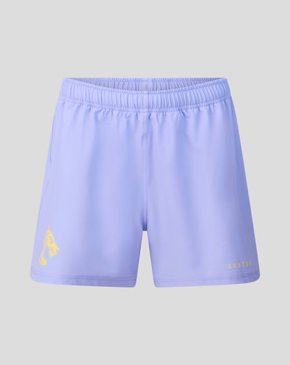Light purple athletic shorts with an elastic waistband, featuring a yellow logo on the left leg and 'CASTORE' text on the right leg, shown against a solid gray background.