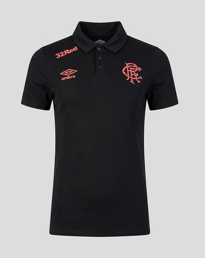 Front view of black Rangers FC 2026/27 Presentation Polo featuring 32Red and Umbro logos with club crest