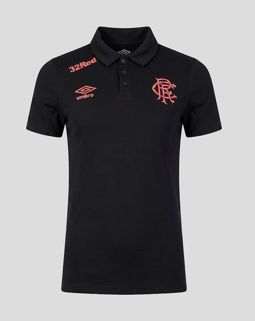 Front view of black Rangers FC 2026/27 Presentation Polo featuring 32Red and Umbro logos with club crest
