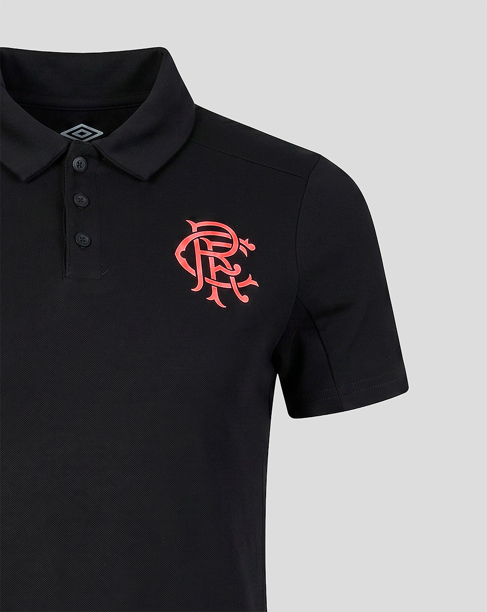 Rangers FC men's 2026/27 presentation polo in black with coral crest on the chest and polo collar