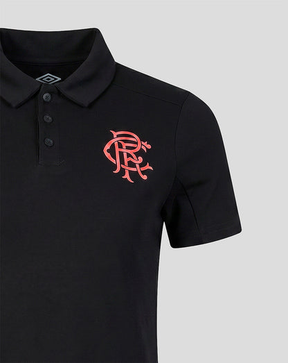 Rangers FC men's 2026/27 presentation polo in black with coral crest on the chest and polo collar