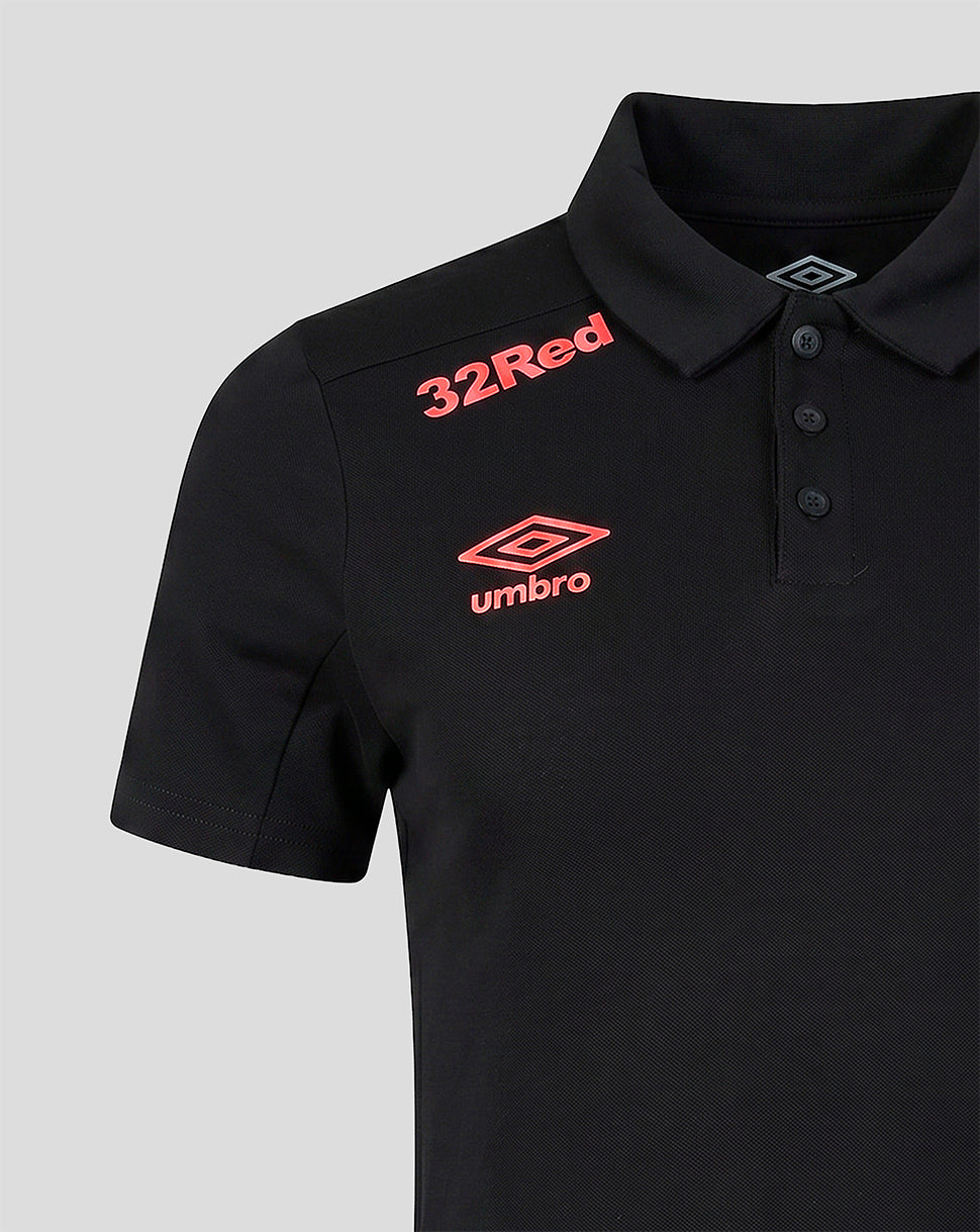 Close-up of chest on black Rangers FC polo showing 32Red and Umbro branding near the collar