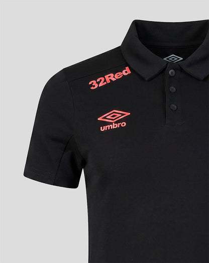Close-up of chest on black Rangers FC polo showing 32Red and Umbro branding near the collar
