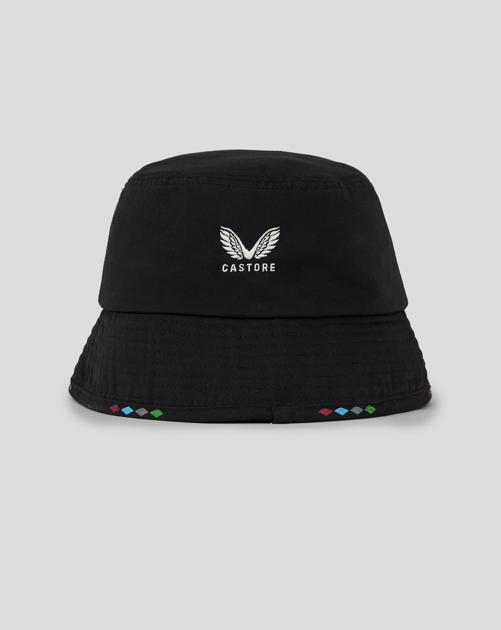 Close-up of Harlequins Mono Bucket Hat showing Castore emblem on front panel