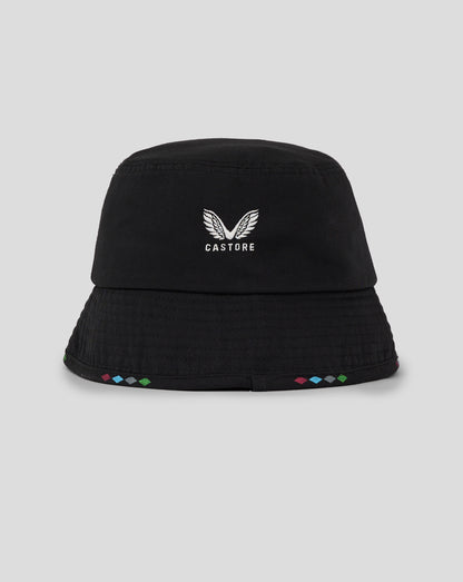 Close-up of Harlequins Mono Bucket Hat showing Castore emblem on front panel