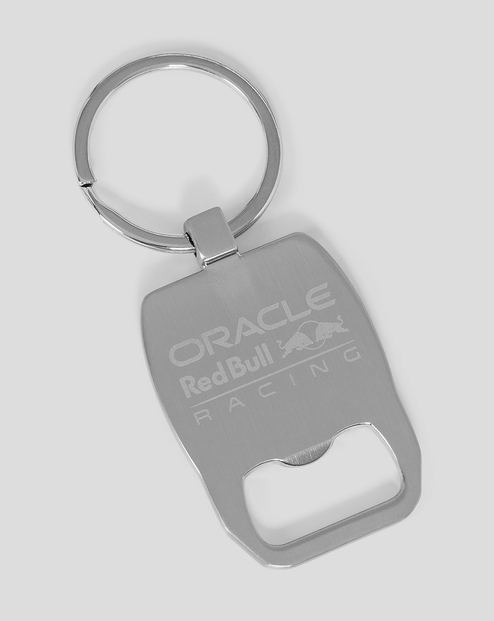 Silver bottle opener keyring featuring Oracle Red Bull Racing branding.