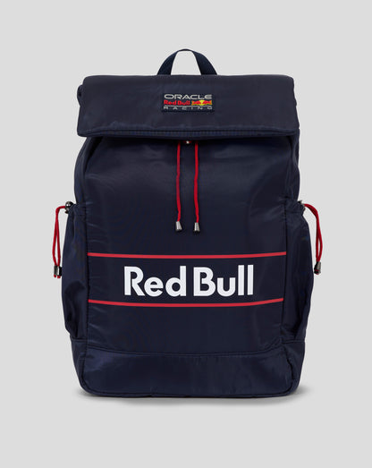 Navy Red Bull Racing backpack with a folded top flap and Oracle Red Bull Racing patch on the front.