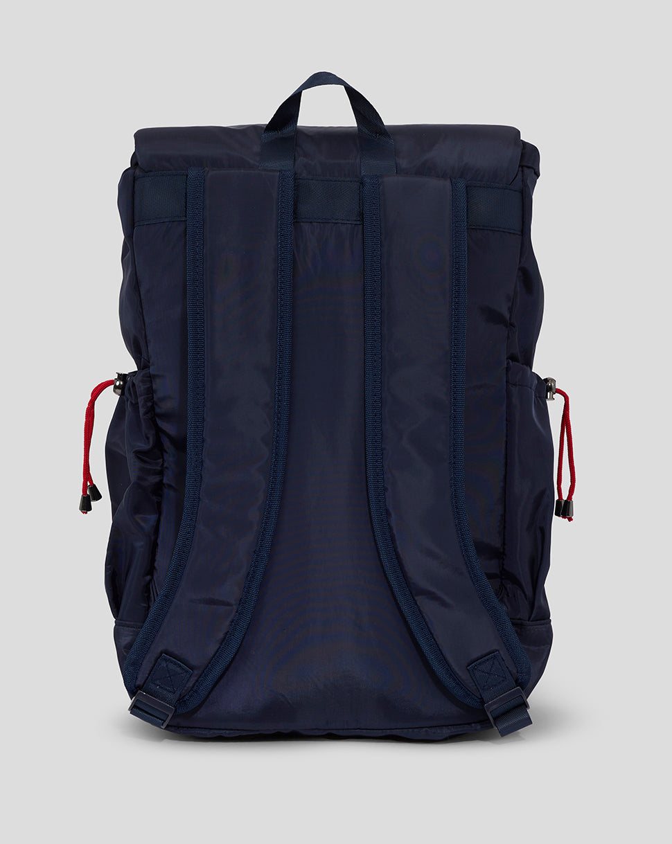 Rear view of a navy Red Bull Racing backpack with padded shoulder straps and a carrying loop.