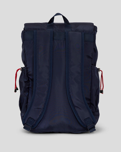Rear view of a navy Red Bull Racing backpack with padded shoulder straps and a carrying loop.
