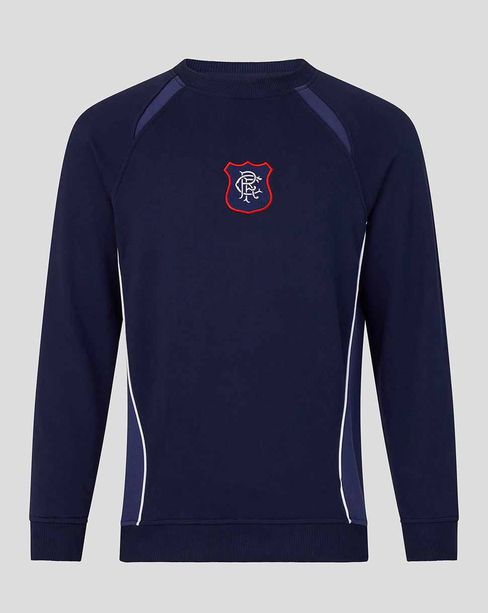 Front view of navy Rangers Unisex 25/26 Panelled Sweatshirt with crest and purple shoulder panels