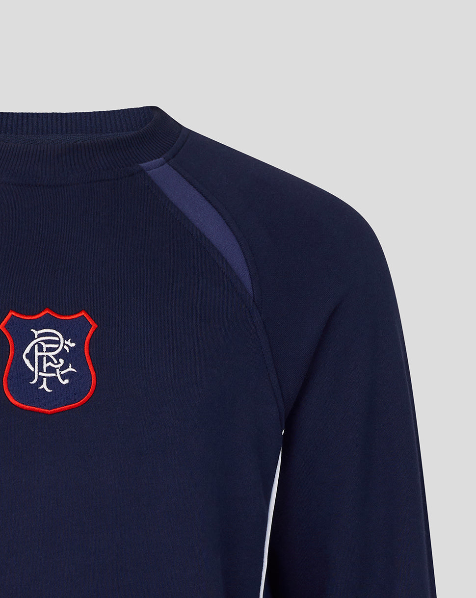 Close up of navy Rangers sweatshirt showing purple shoulder panels and embroidered crest