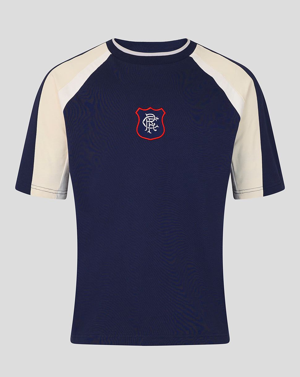 Navy Art of Football 90s panelled t shirt with cream sleeves and crest emblem on chest