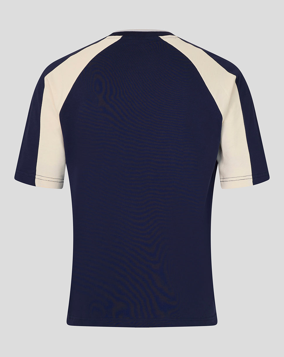 Back view of navy Rangers 90s panelled T shirt with cream sleeve panels